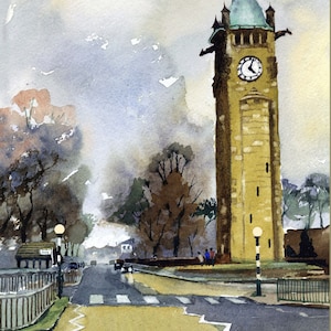May include: A watercolour painting of a tall clock tower with a clock face on the front. The tower is situated on a street with a pedestrian crossing and a few cars driving past. There are trees on either side of the street and a cloudy sky above.
