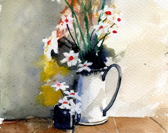 Jug of flowers. Original watercolour.