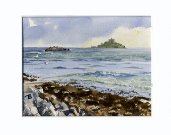 May include: A watercolor painting of a small island with a building on it in the distance. The island is surrounded by blue water with whitecaps. The foreground shows a rocky shore with seaweed.