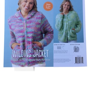 May include: A magazine cover showing a woman in a fluffy, multi-coloured Wilding Jacket. The jacket is mainly pink, purple, and blue. The text "WILDING JACKET" is displayed, along with the phrase "Unleash the fun in soft and fluffy Funshine!"