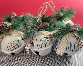 Personalized Jingle Bell Christmas Ornament, White Farmhouse Decor
