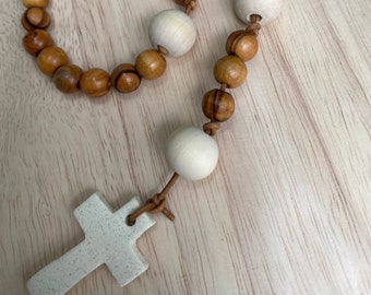 Ceramic Rosary Beads with Olive Wood on Leather