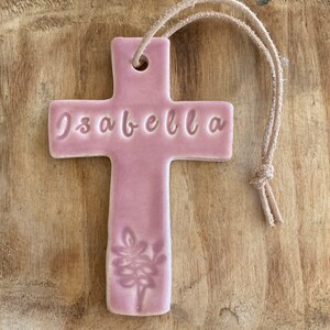 PERSONALISED Ceramic Rustic Cross Wall Hanging Christening Baptism Holy Communion *PINK*