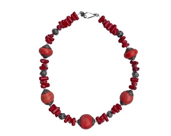 Handmade Genuine Natural Red Coral and Sterling Silver Necklace Jewelry