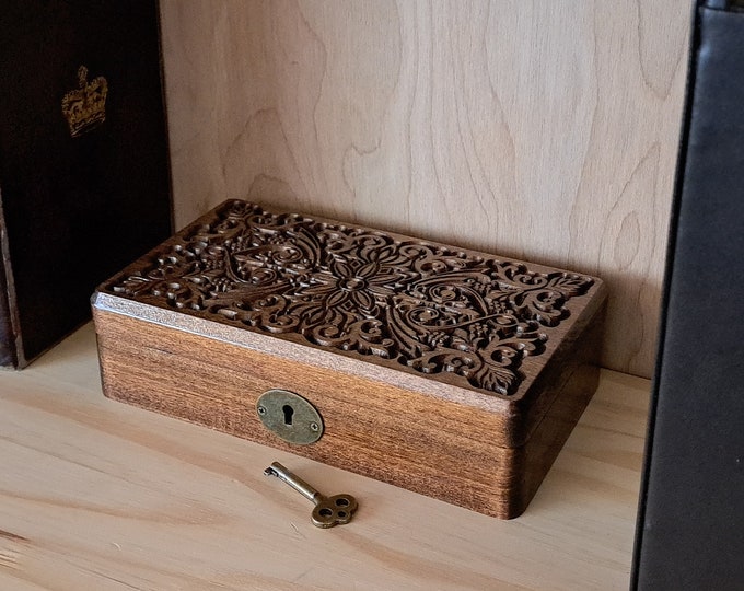 Decorative Carved Wood Locking Box With Key. Perfect for Jewerly, Mementos, as a Lockbox, or