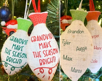 Personalized Ornaments/ Grandparent Christmas Gift/ Light Bulb Ornament/ Plush Ornament/ Gift for Grandparents/ Grandkids Names on Ornaments