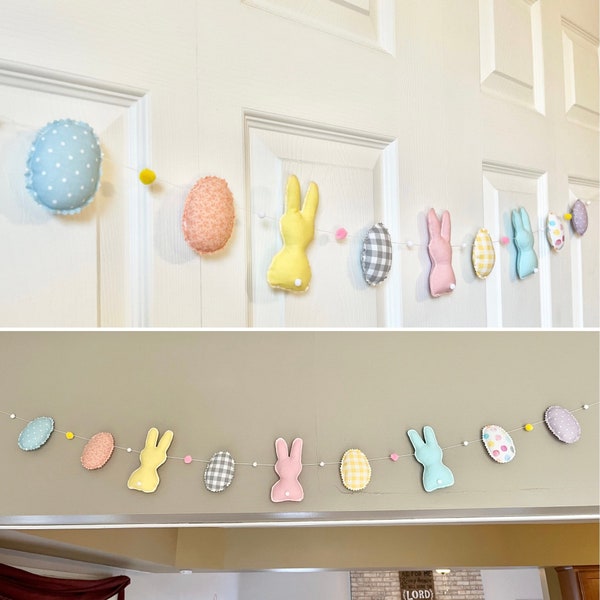 Easter Garland, Plush Fabric Bunny & Eggs Decor, Pastel Spring Banner, Holiday Garland, Cute Cotton Bunnies and Easter Eggs