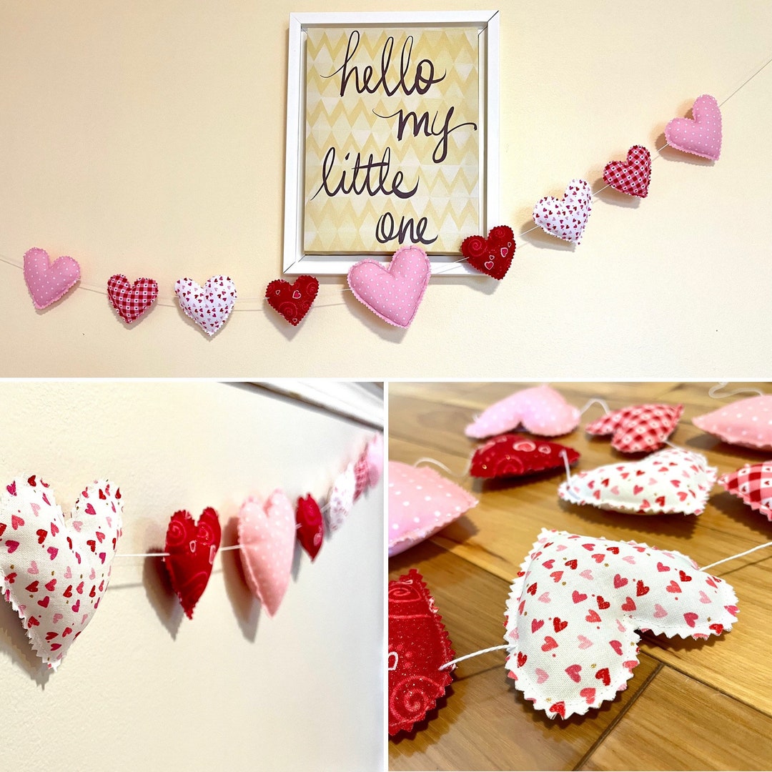 Valentines Day Heart Garland, Cotton Fabric Heart Decor, Redpinkwhite