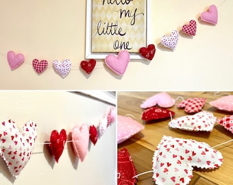 Valentine’s Day Heart Garland, Cotton Fabric Heart Decor, Red-Pink-White Heart Banner, Nursery Decor, Holiday Garland