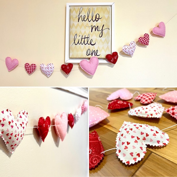 Valentine’s Day Heart Garland, Cotton Fabric Heart Decor, Red-Pink-White Heart Banner, Nursery Decor, Holiday Garland