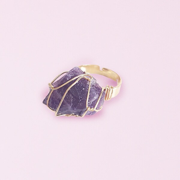 Amethyst Ring Healing Crystal, Raw Gemstone, Wire Wrapped Ring, Adjustable Ring, Gift for Her, Healing Gemstone, Calm Energy, Purple Ring