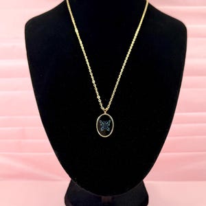 1980s Vintage Avon Black and Blue Shimmer Butterfly 17" Gold Tone Necklace