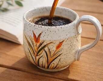 Handmade Stoneware Mug, Floral Embroidery Inspired Coffee Cup with 24k Gold