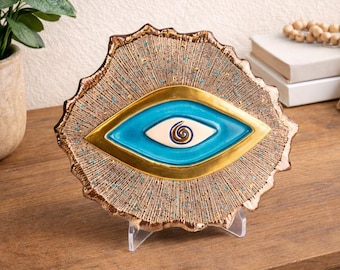 Handmade Ceramic Evil Eye Wall Art, 24K Matte Gold Detail, Turquoise Nazar Hanging