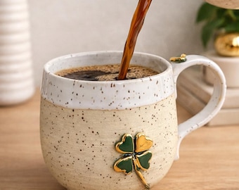 Four Leaf Clover Mug, Handmade Stoneware Coffee Cup, 24K Gold Detail Lucky Mug