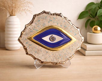 Handmade Ceramic Evil Eye Wall Decor, 24K Matte Gold Turquoise Nazar Amulet