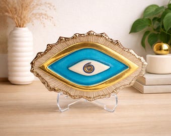 Handmade Ceramic Small Evil Eye Wall Art, 24K Matte Gold Detail, Turquoise Nazar Hanging
