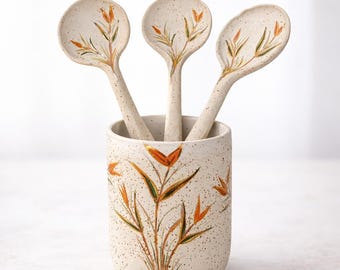Handmade Ceramic Utensil Holder Set with 3 Spoons, 24k Gold Floral Leyla's Garden Pottery
