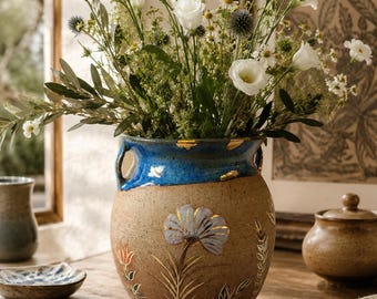 Handmade Ceramic Vase, Wheel Thrown Pottery with 24K Gold Details, Rustic Mediterranean Home Decor