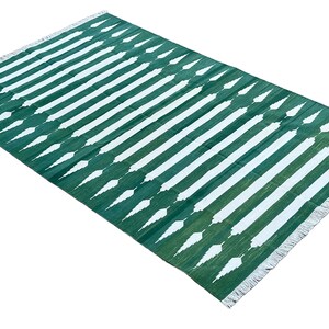 Modern Handmade Cotton Area Flat Weave Rug, Natural Vegetable Dyed, Green And White Striped Indian Dhurrie Rug, Striped Kilim, Wall Tapestry