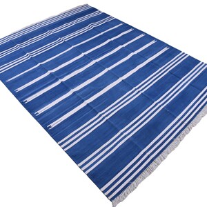 Modern Handmade Cotton Area Flat Weave Rug, Natural Vegetable Dyed, 6x9 Blue And White Striped Indian Dhurrie Rug, Kilim Rug, Wall Tapestry
