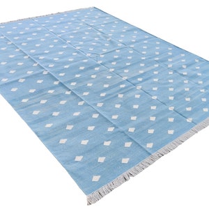 Modern Handmade Cotton Area Flat Weave Rug, Natural Vegetable Dyed, Sky Blue And White Leaf Pattern Indian Dhurrie, Stripe Rug Wall Tapestry