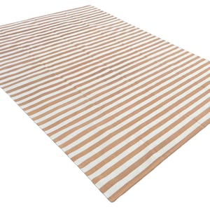 Modern Handmade Cotton Area Flat Weave Rug, Natural Vegetable Dyed, 6.5&#39;x10&#39; Tan And White Striped Indian Dhurrie, Kilim Rug, Wall Tapestry