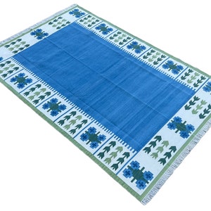 Modern Handmade Cotton Area Flat Weave Rug, Natural Vegetable Dyed, Blue And Green Leaf Patterned Indian Striped Dhurrie Rug, Wall Tapestry