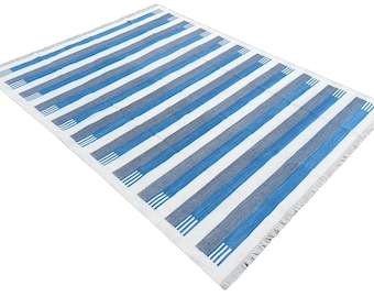 Modern Handmade Cotton Area Flat Weave Rug, Natural Vegetable Dyed, Blue And White Striped Indian Dhurrie Rug, Striped Kilim, Wall Tapestry