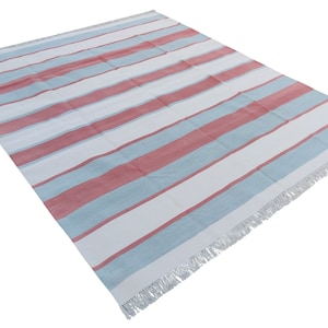 Modern Handmade Cotton Area Flat Weave Rug, Natural Vegetable Dyed, Sky Blue And Coral Striped Indian Dhurrie Rug, Kilim Rug, Wall Tapestry