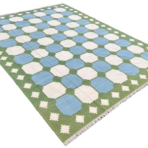 Modern Handmade Woolen Area Flat Weave Rug, Natural Vegetable Dyed, Blue And Green Tile Pattern Indian Dhurrie, Striped Kilim, Wall Tapestry