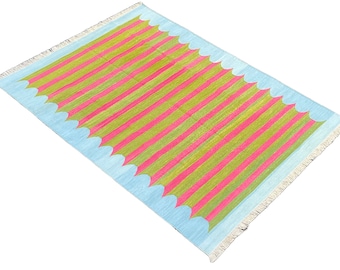 Modern Handmade Cotton Area Flat Weave Rug, Natural Vegetable Dyed, Green & Pink Striped Indian Dhurrie Rug, Scalloped Kilim, Wall Tapestry
