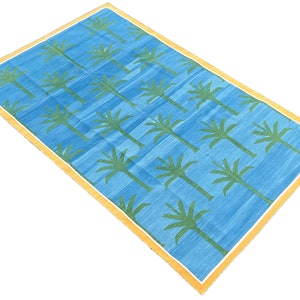 Modern Handmade Cotton Area Flat Weave Rug, Natural Vegetable Dyed, Sky Blue And Green Palm Tree Rug, Indian Striped Dhurrie, Wall Tapestry