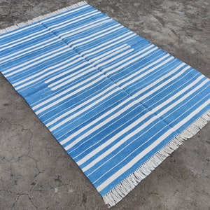 Modern Handmade Cotton Area Flat Weave Rug, Natural Vegetable Dyed, 4x6 Blue And White Striped Indian Dhurrie Rug, Kilim Rug, Wall Tapestry