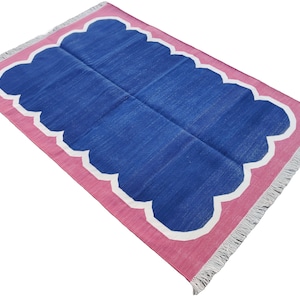 Modern Handmade Cotton Area Flat Weave Rug, Natural Vegetable Dyed, 4x6 Navy Blue And Pink Striped Scallop Indian Dhurrie Rug, Wall Tapestry