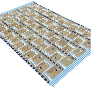 Modern Handmade Cotton Area Flat Weave Rug, Natural Vegetable Dyed, Mustard & Blue Geometric Indian Dhurrie, Stripe Kilim Rug, Wall Tapestry