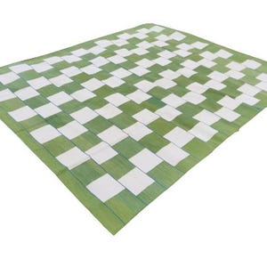 Modern Handmade Cotton Area Flat Weave Rug, Natural Vegetable Dyed, 8x10 Green And White Checked Indian Dhurrie, Stripe Kilim, Wall Tapestry