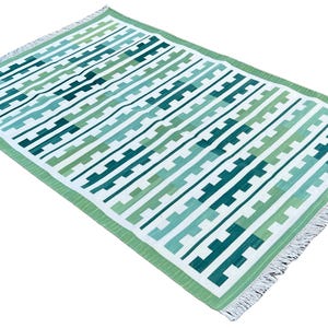 Modern Handmade Cotton Area Flat Weave Rug, Natural Vegetable Dyed, 4x6 Green And White Marianne Striped Indian Dhurrie, Kilim Wall Tapestry