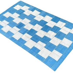 Modern Handmade Cotton Area Flat Weave Rug, Natural Vegetable Dyed, 5x8 Blue And White Checked Indian Dhurrie Rug, Kilim Rug, Wall Tapestry