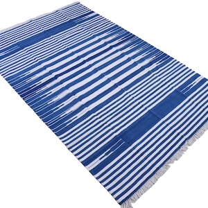 Modern Handmade Cotton Area Flat Weave Rug, Natural Vegetable Dyed, 6x9 Blue And White Striped Indian Dhurrie Rug, Kilim Rug, Wall Tapestry