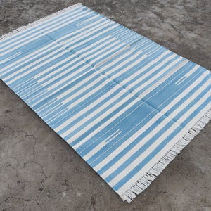 Modern Handmade Cotton Area Flat Weave Rug, Natural Vegetable Dyed, 4x6 Blue And White Striped Indian Dhurrie Rug, Kilim Rug, Wall Tapestry