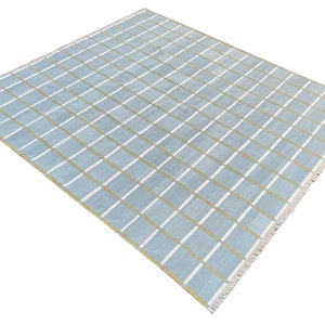 Modern Handmade Cotton Area Flat Weave Rug, Natural Vegetable Dyed, Grey And Green Checked Indian Dhurrie, Striped Kilim, Wall Tapestry