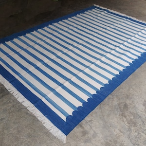 Modern Handmade Cotton Area Flat Weave Rug, Natural Vegetable Dyed, 6x9 Blue And White Striped Indian Dhurrie Rug, Kilim Rug, Wall Tapestry