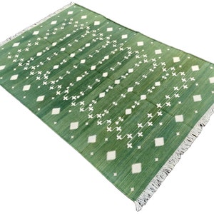 Handmade Cotton Area Flat Weave Rug, Natural Vegetable Dyed, 4x6 Green & White Shooting Star Indian Dhurrie, Stripe Kilim Rug, Wall Tapestry