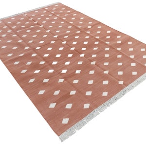 Modern Handmade Cotton Area Flat Weave Rug, Natural Vegetable Dyed, Tan And White Leaf Patterned Indian Dhurrie, Striped Rug, Wall Tapestry
