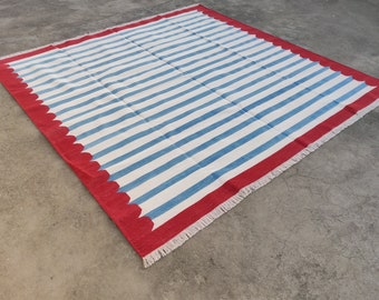 Modern Handmade Cotton Area Flat Weave Rug, Natural Vegetable Dyed, Blue And Red Striped Indian Dhurrie, Scalloped Kilim Rug, Wall Tapestry