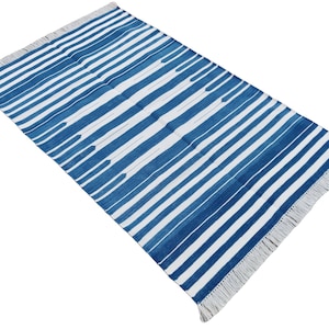 Modern Handmade Cotton Area Flat Weave Rug, Natural Vegetable Dyed, 3x5 Blue And White Striped Indian Dhurrie Rug, Kilim Rug, Wall Tapestry
