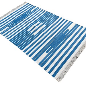 Modern Handmade Cotton Area Flat Weave Rug, Natural Vegetable Dyed, 3x5 Blue And White Striped Indian Dhurrie Rug, Kilim Rug, Wall Tapestry