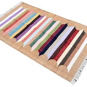 Modern Handmade Cotton Area Flat Weave Rug, Natural Vegetable Dyed, 3x5 Tan And White Colorful Striped Indian Dhurrie, Kilim Wall Tapestry