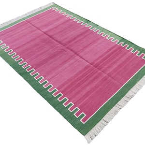 Modern Handmade Cotton Area Flat Weave Rug, Natural Vegetable Dyed, 4x6 Pink And Green Striped Indian Dhurrie Rug, Kilim Rug, Wall Tapestry